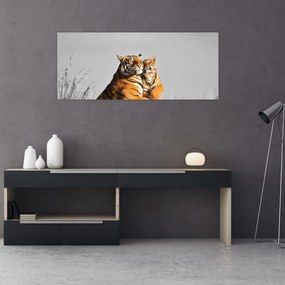 Tablou - Tigroaica cu pui, versiunea alb-negru (120x50 cm)