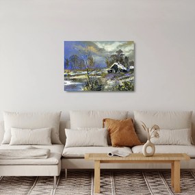 Tablou pe sticlă -Cabane într-un peisaj de iarnă, pictură în ulei (70x50 cm)