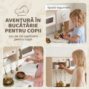 AIYAPLAY Bucătărie de Jucărie pentru Copii cu Plită, Robinet și Accesorii, MDF și Oțel Inoxidabil, 74 x 29 x 81 Cm, Alb | Aosom Romania