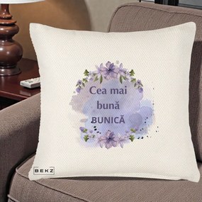 Cadou pentru Bunica - Perna Personalizata Cea Mai Buna Bunica Flori Mov Acuarela Negru, 40x40 cm, Crem Reliefat, Husa Detasabila, Perna Inclusa, BEKZ®