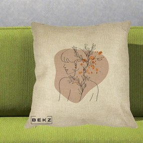 Perna Decorativa Femeie cu Flori Line Art Boho, 40x40 cm, Crem, Husa Detasabila, Perna Inclusa, BEKZ®