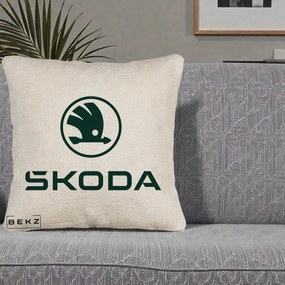 Perna Personalizata cu emblema Skoda, 40x40 cm, Bej Canapea, Husa Detasabila, Perna Inclusa, BEKZ®