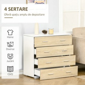 HOMCOM Comodă cu 4 Sertare, Mânere din Aluminiu și Structură din Lemn, 76x35x72cm, Alb și Stejar | Aosom Romania