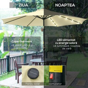 Outsunny Umbrelă de Grădină Inclinabilă Ø265 cm cu 32 Lumini LED Solare și Manivelă, Umbrelă de Exterior cu 8 Spițe, din Oțel, Poliester, pentru Terasă, Curte, Balcon, Bej | Aosom Romania