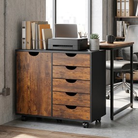 HOMCOM Mobilier de depozitare pentru birou 5 sertare 1 ușă poliță reglabilă, suport imprimantă pe roți, 78x40x66,5 cm, maro | Aosom Romania