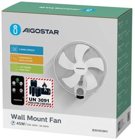 Aigostar -  Ventilator de perete 45W/230V alb + Telecomandă