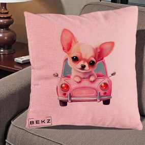 Perna Decorativa Chihuahua Roz in Masinuta, 40x40 cm, Roz, Husa Detasabila, Perna Inclusa, BEKZ®