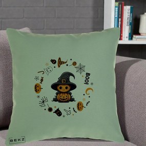 Perna Decorativa Halloween Dovleac Vrajitor Boo cu Simboluri, 40x40 cm, Verde, Husa Detasabila, Perna Inclusa, BEKZ®