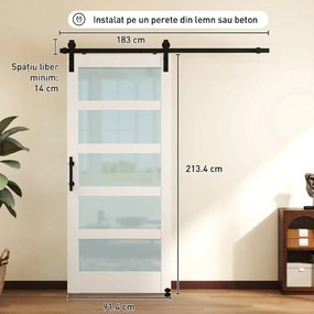 HOMCOM Ușă Glisantă 91.4x213.4cm cu Kit, Panouri din Sticlă, Aspect Lemn Alb | Aosom Romania