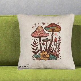 Perna Decorativa Ciuperci Boho Multicolore, 40x40 cm, Bej Canapea, Husa Detasabila, Perna Inclusa, BEKZ®