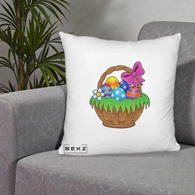 Perna Decorativa Cos cu Oua de Pasti Colorat, 40x40 cm, Alb Pufos, Husa Detasabila, Perna Inclusa, BEKZ®
