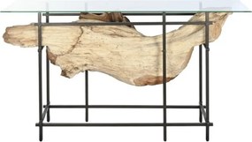 Consolă hol în stil etnic, din rădăcină de tec și metal, natur și negru, cu blat din sticlă și cadru metalic în grilaj, 90 x 160 x 50 cm, „Roots”