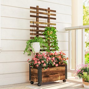 Outsunny Jardiniera cu Spalier pentru Plante Agatatoare si Roti, Jardiniera din Lemn de Brad cu Design Autodrenant, 65x31x147 cm, Maro Carbonizat