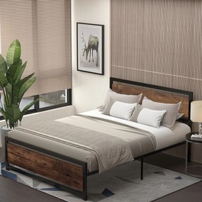 HOMCOM Cadru Pat Matrimonial din Lemn si Otel 160x200cm, Sipci Integrate si Tetiera in Stil Industrial, Negru Maro Rustic
