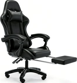 RESIGILAT- Scaun gaming, Masaj în perna lombară, Rabatabil 90-145°, Suport picioare, piele PU, Negru