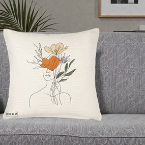 Perna Decorativa Portret Feminin Coroana Florala, 40x40 cm, Crem Reliefat, Husa Detasabila, Perna Inclusa, BEKZ®
