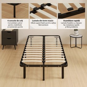 HOMCOM Cadru de Pat Industrial cu 28 de Lamele și Spațiu de Depozitare, din Lemn și Oțel, 190x90x31 cm, Negru și Lemn | Aosom Romania