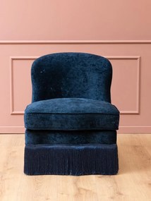 Fotoliu din catifea albastru închis, formă rotunjită, cu franjuri decorativi, 73×78×64 cm, „Costanza"