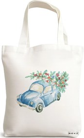 Sacosa de Panza pentru Cumparaturi, Geanta Tote, model Watercolor Car, 38x34.5 cm, Alba, BEKZ®