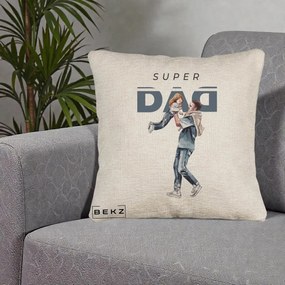 Cadou pentru Tata - Perna Personalizata Super DAD Tata si Fiica, 40x40 cm, Bej Canapea, Husa Detasabila, Perna Inclusa, BEKZ®