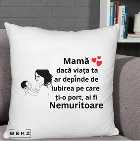 Cadou pentru Mama - Perna Personalizata Mama Nemuritoare Imbratisare Copil, 40x40 cm, Alb Pufos, Husa Detasabila, Perna Inclusa, BEKZ®