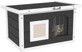 PawHut Casa de pisici, refugiu pentru pisici și iepuri, casă din lemn cu placă de zgâriere, ușă cu clapetă, 61 x 45 x 36,5 cm, Gri | Aosom Romania
