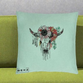Perna Decorativa Craniu Boho Floral, 40x40 cm, Verde Menta, Husa Detasabila, Perna Inclusa, BEKZ®
