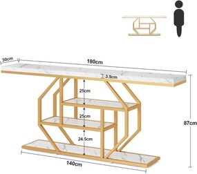 MAU38 - Masa Consola, 180 cm, masuta hol cu rafturi, living, dormitor - Auriu - Alb Imitatie de Marmura