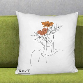 Perna Decorativa Portret Feminin Doua Flori, 40x40 cm, Alb Pufos, Husa Detasabila, Perna Inclusa, BEKZ®