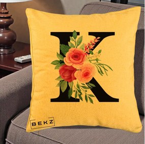 Cadou Personalizat - Perna Personalizata Monograma Florala Litera K, 40x40 cm, Galben, Husa Detasabila, Perna Inclusa, BEKZ®