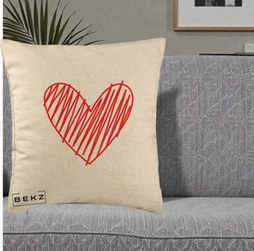 Perna Decorativa Inima Rosie Desen Manual, 40x40 cm, Bej, Husa Detasabila, Perna Inclusa, BEKZ®