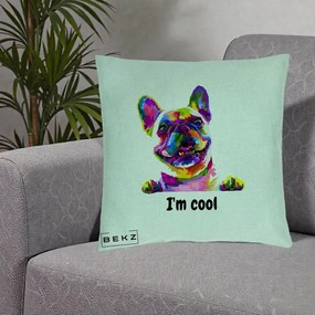 Perna Personalizata Bulldog Francez I'm Cool, 40x40 cm, Verde Menta, Husa Detasabila, Perna Inclusa, BEKZ®