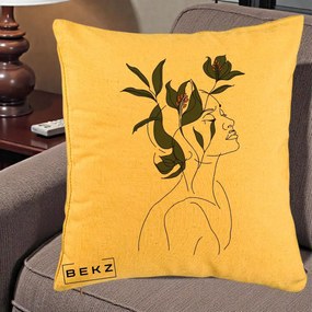 Perna Decorativa Portret Feminin Crin Verde, 40x40 cm, Galben, Husa Detasabila, Perna Inclusa, BEKZ®