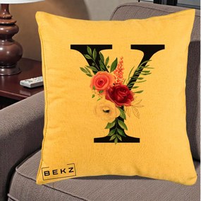 Cadou Personalizat - Perna Personalizata Monograma Florala Litera Y cu Buchet, 40x40 cm, Galben, Husa Detasabila, Perna Inclusa, BEKZ®