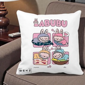 Perna Personalizata Labubu Sleeping Quad Grid, 40x40 cm, Alba Mata, Husa Detasabila, Perna Inclusa, BEKZ®