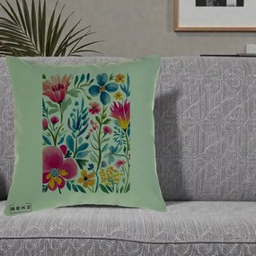 Perna Decorativa Gradina Florala Acuarela Colorata, 40x40 cm, Verde, Husa Detasabila, Perna Inclusa, BEKZ®