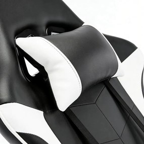 Scaun gaming, Masaj în perna lombară, Rabatabil 90-145°, Suport picioare, piele PU, Negru/Alb