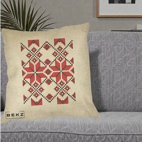Perna Personalizata Motiv Traditional Cusatura Rosu-Negru, 40x40 cm, Crem, Husa Detasabila, Perna Inclusa, BEKZ®