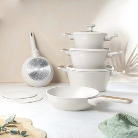 Set oale si tigai 10 piese Sahara Nordic Berlinger Haus BH 8324, crem mat, compatibil inductie, capace cu strecurator