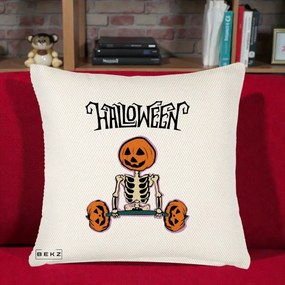 Perna Decorativa Halloween Schelet cu Cap de Dovleac Powerlifting, 40x40 cm, Crem Reliefat, Husa Detasabila, Perna Inclusa, BEKZ®
