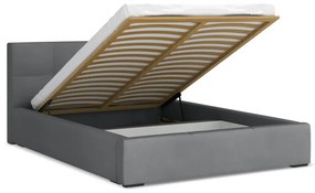 Pat matrimonial gri închis tapițat din catifea cu spațiu de depozitare cu somieră 140x200 cm Hiko – Makamii