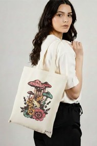 Sacosa de Panza pentru Cumparaturi, Geanta Tote Colorful Mushrooms, 38x34.5 cm, Alba, BEKZ®