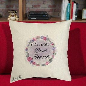 Cadou pentru Soacra - Perna Personalizata Cea mai Buna Soacra cu Coronita Flori Roz si Mov, 40x40 cm, Ecru, Husa Detasabila, Perna Inclusa, BEKZ®