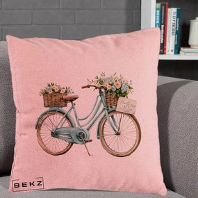 Perna Decorativa Bicicleta Teal cu Cosuri Duble de Flori Vintage, 40x40 cm, Roz, Husa Detasabila, Perna Inclusa, BEKZ®