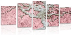 Tablou 5-piese copacul abstract pe lemn cu contrast roz