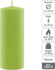 Set de lumânări pilon, 20 cm, Ø 7,5 cm, verde deschis, 2 buc