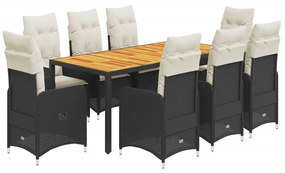 3276982 vidaXL Set bistro de grădină, 9 piese, cu perne, negru, poliratan