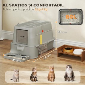 PawHut Litieră închisă pentru pisici de 80L cu tavă detașabilă, din ABS și oțel inoxidabil, 63x43x43 cm, gri deschis | Aosom Romania