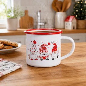 Cana emailata Rosberg R51306A9, 500 ml, 9x9 cm, Margine rotunjita, Tema Craciun, Alb/Rosu
