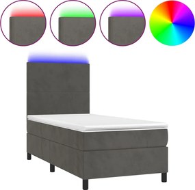 vidaXL Pat cu arcuri, saltea și LED, gri închis, 100x200 cm, catifea
